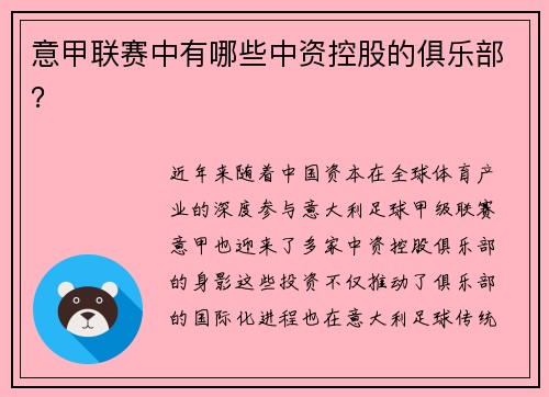 意甲联赛中有哪些中资控股的俱乐部？